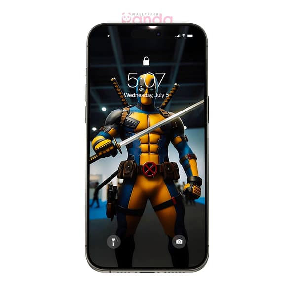 Deadpool Holding Sword in Battle Stance Phone Wallpaper