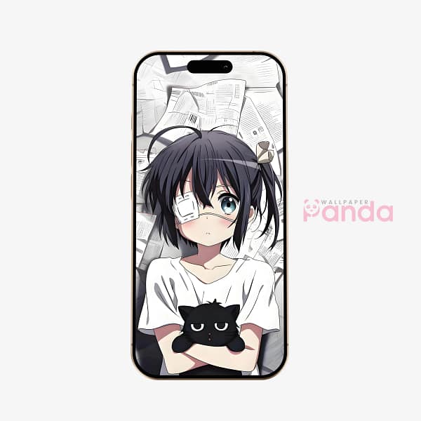 Anime Girl with Black Cat Contemplation Phone Wallpaper