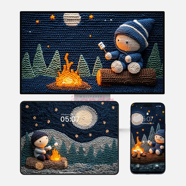 Crochet-style Night Time Camping 3-in-1 Wallpapers