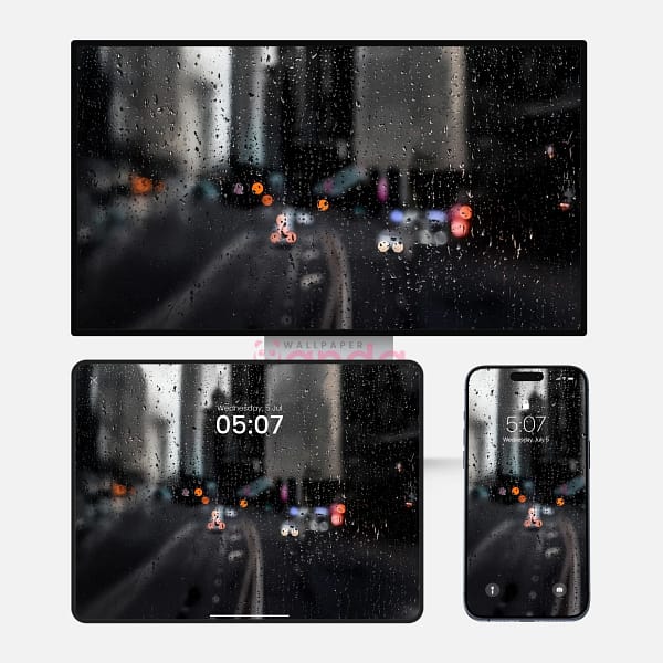 Rain-Streaked City Night 3-in-1 Phone & Tablet Wallpaper