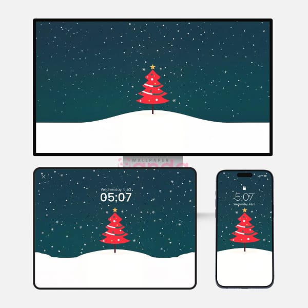 Red Christmas Tree on Snowy Hill 3-in-1 Wallpapers