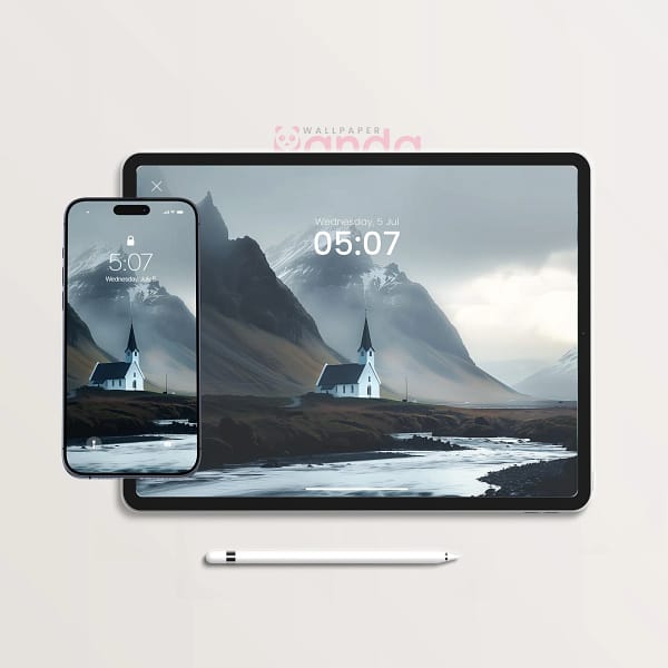 Solitary White Church Mountain Landscape 2-in-1 Wallpaper