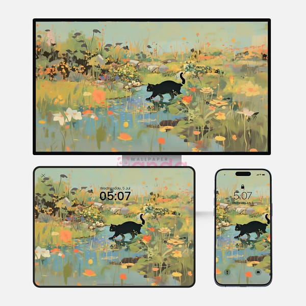 Whispers of Serenity Black Cat Floral 3-in-1 Wallpapers