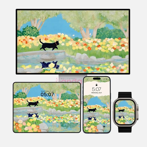 Midnight Black Cat on Water 4-in-1 Wallpapers