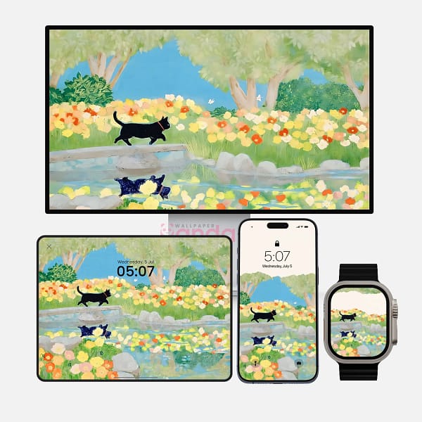 Midnight Stroll Black Cat Whimsical 4-in-1 Wallpapers