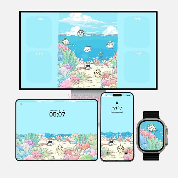 Chiikawa Inspired Iridescent Cartoon Fish 4-in-1 Wallpapers